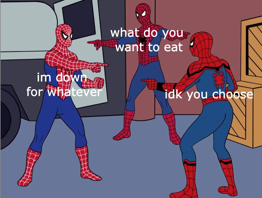 Spider-Man pointing meme representing food decision standoff